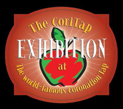 The CoriTap Exhibition badge: a red apple in an orange roundel reading 'at the world-famous Coronation Tap'